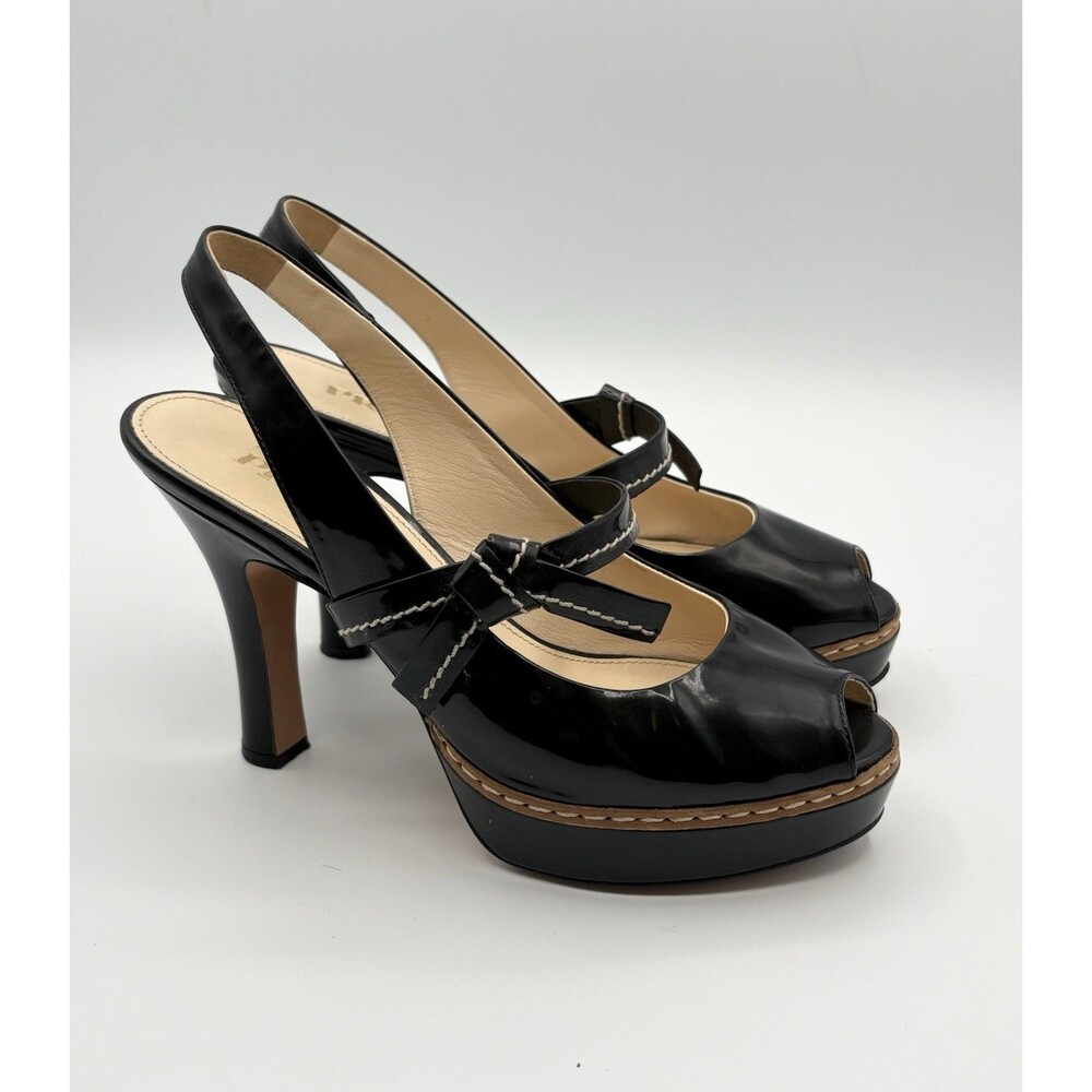 Prada S/S 2009 Black Patent Leather Heels Ribbon Detail Peep Toe Sz EU 34.5 - Picture 3 of 13